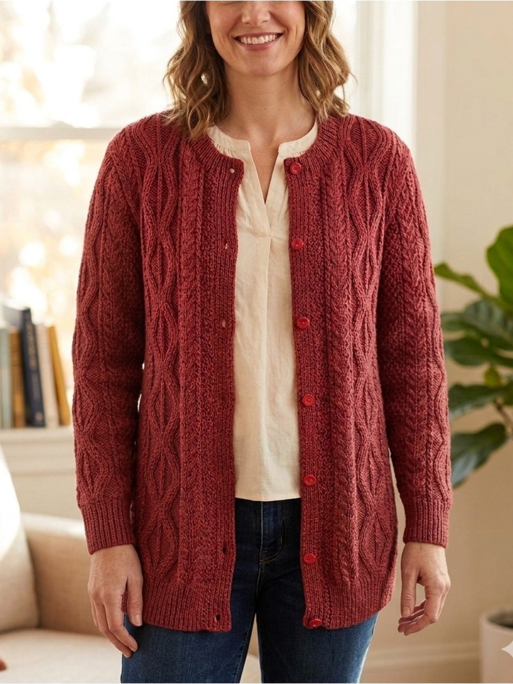 Hand Crafted Cable Knit Cardigan Sweater in Crimson Terracotta